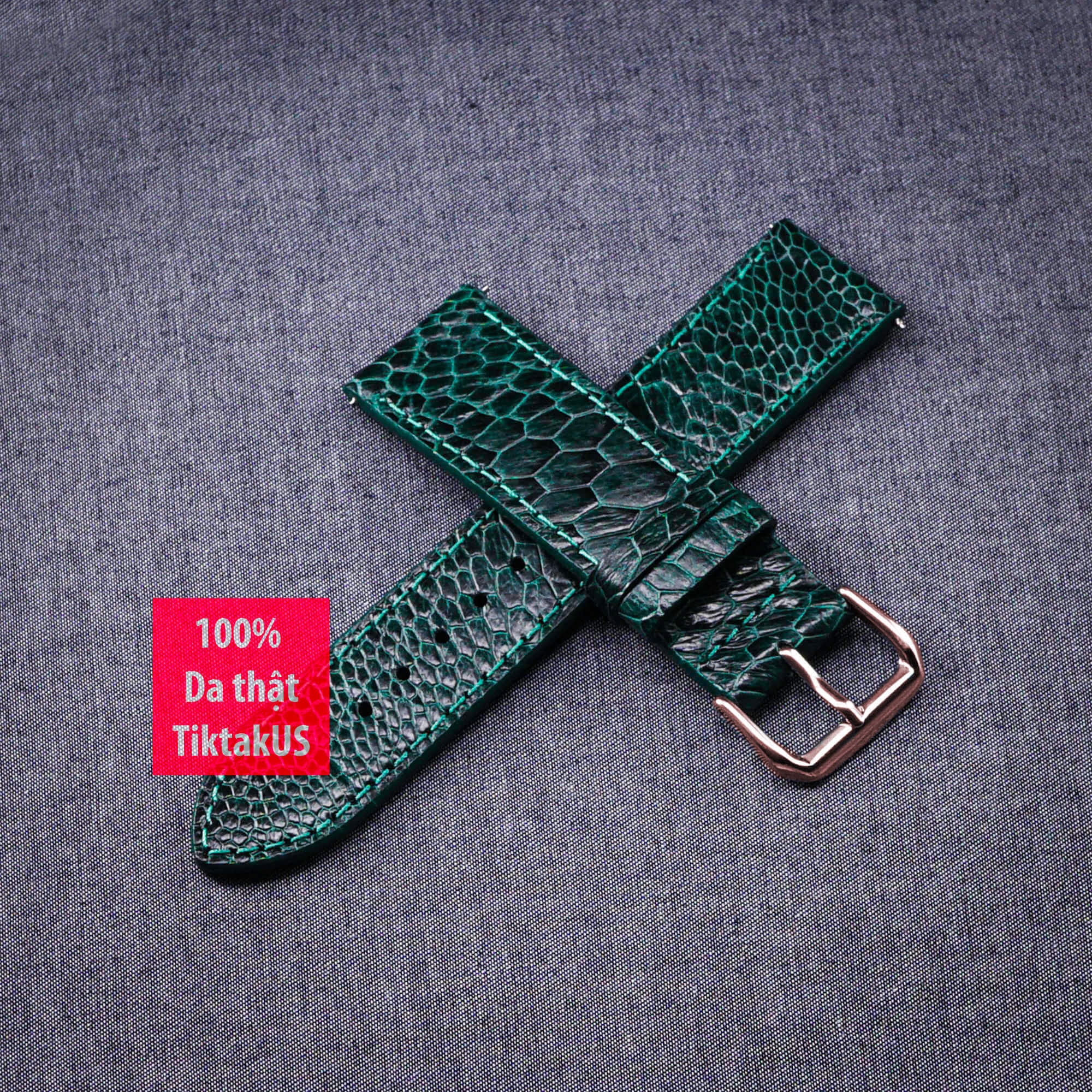 Dây đồng hồ nam da đà điểu thật khóa mạ vàng hồng Rose Gold TiktakUS - Nhiều màu Đủ size 18mm 19mm - 20mm - 21mm - 22mm