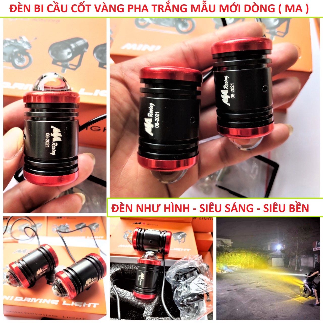ĐÈN TRỢ SÁNG MINI XE MÁY 2 CHẾ ĐỘ CỐT VÀNG PHA TRẮNG VIỀN ĐỎ  SIÊU SÁNG