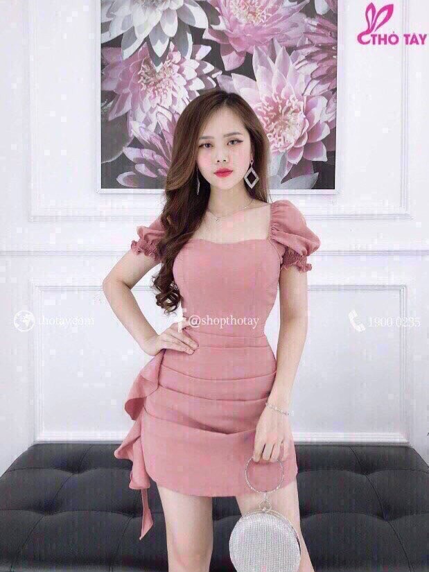 [HCM]Đầm nhún phối bèo rũ bên hông tay phồng nữ tính cho phái đẹp qcs