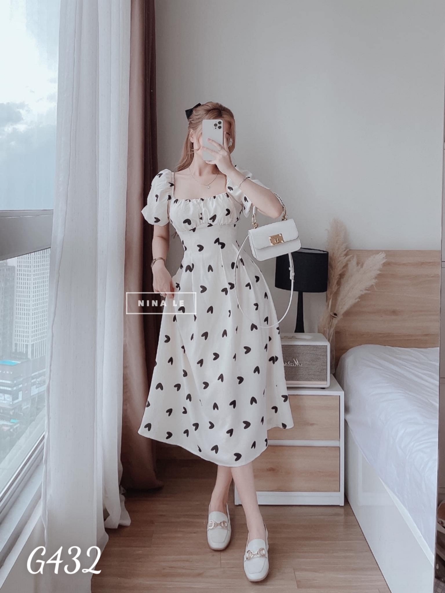 Đầm voan lụa nữ in trái tim cột nơ lưng dáng xoè g432