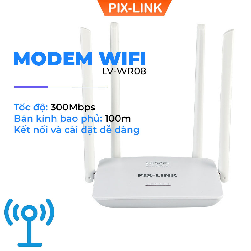 Cục phát wifi 4 râu PIX-LINK LV-WR08, Modem wifi 300Mbps cường độ sóng khỏe, phủ sóng rộng - Hàng chính hãng