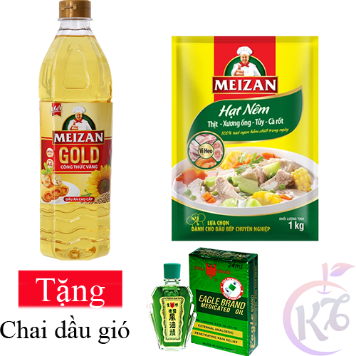 Combo dầu ăn meizan gold chai 1 lít + bịch hạt nêm meizan 1kg tặng 1 chai dầu gió xanh 24ml - dầu ăn cao cấp 1l date mới