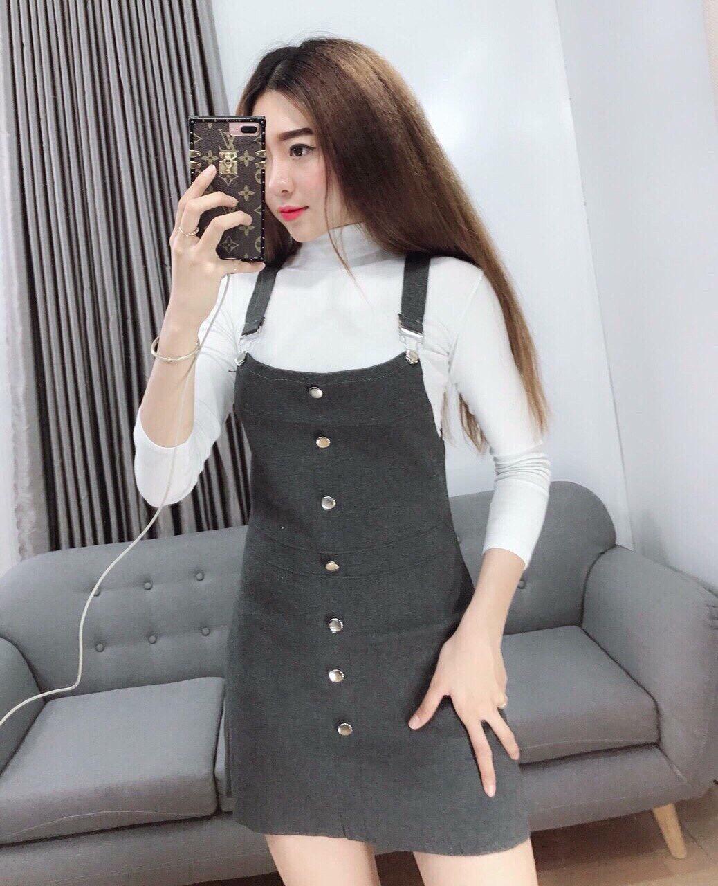 Đầm nữ yếm phối nút áo tay dài cổ tròn đi chơi dự tiệc thời trang mới Đ21
