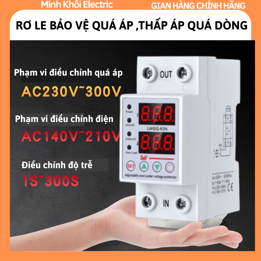 Rơ le bảo vệ quá áp thấp áp quá dòng điện áp 220V,công tơ điện tử đa năng 1P63A, bảo vệ mất pha trung tính, relay quá áp áp thấp, aptomat bảo vệ quá áp, thấp dòng, relay thiết bị bảo vệ quá áp, thấp áp, quá dòng