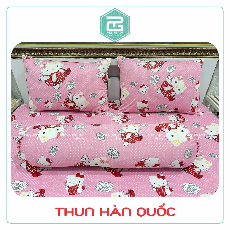 Bộ ga gối Thun Lạnh Hàn Quốc {4 món} họa tiết Kitty (1 ga bọc + 2 vỏ gối nằm + 1 vỏ gối ôm)