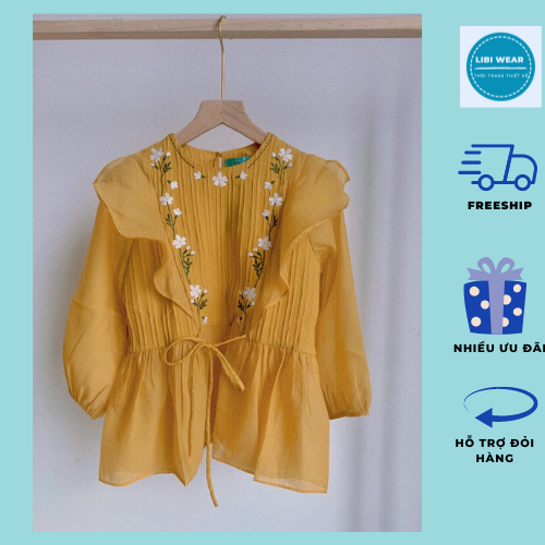 Áo babydoll thêu hoa tay dài có nơ xinh xắn- Áo kiểu babydoll tiểu thư phong cách Hàn Quốc