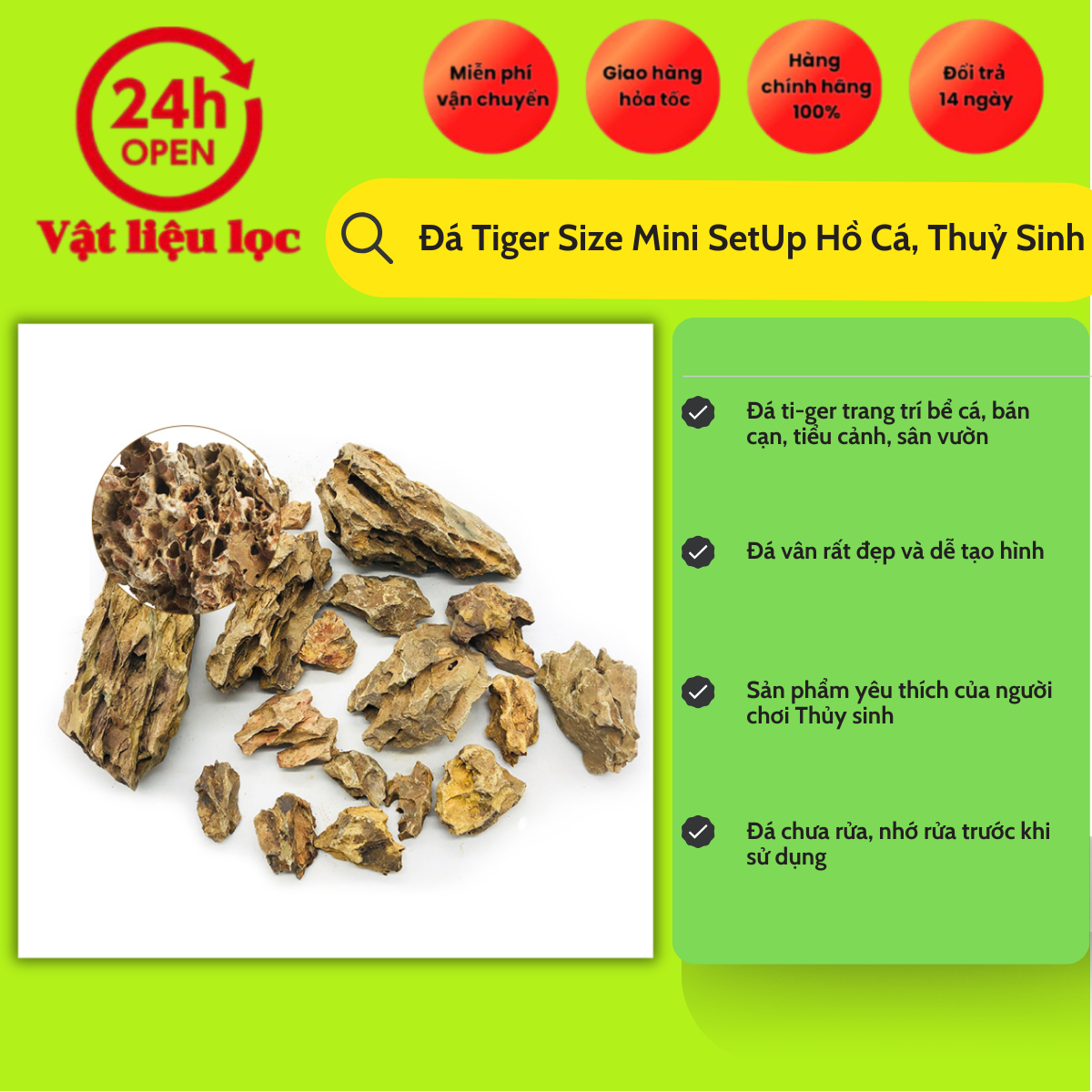 Đá Tiger Size Mini SetUp Hồ Cá, Thuỷ Sinh (túi 1kg)