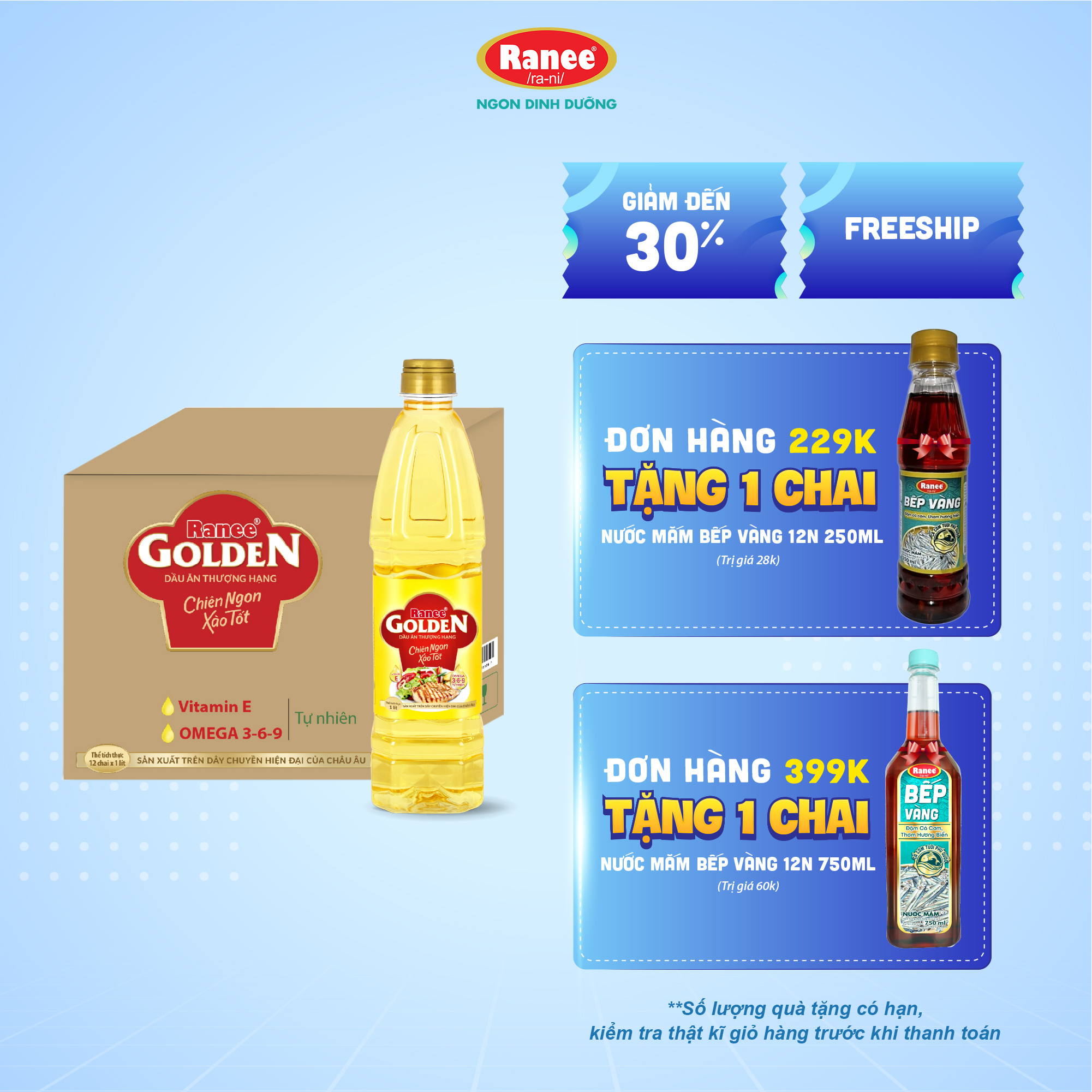 {Đơn 199k tặng hộp bơ -399k tặng vá gỗ} Thùng dầu ăn Ranee Golden 1 lít (1 lít x 12 chai)