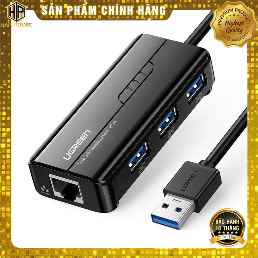 Hub usb 3 cổng 3.0 ugreen 20265 kèm cổng lan 10/100/1000 mbps tốc độ cao - hapustore
