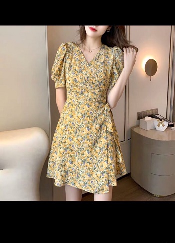 [HCM]Đầm voan hoa  cho nữ cổ chữ V tay ngắn phong cách Hàn Quốc cạp cao mặc mùa hè
