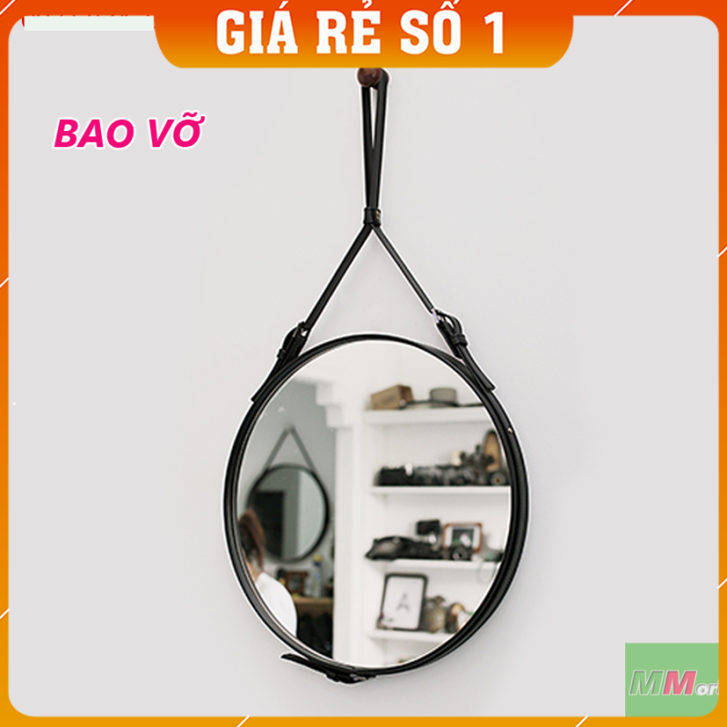 (Size 40cm) Gương Tròn Viền Da Simili Màu Đen