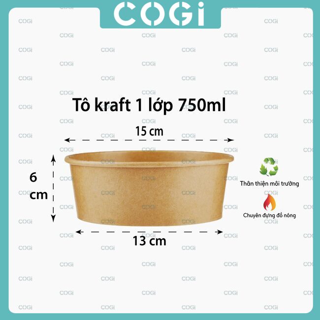 50 pcs disposable brown kraft paper bowls from COGI with various sizes specializing in storing porridge, vermicelli, pho - optional with lid