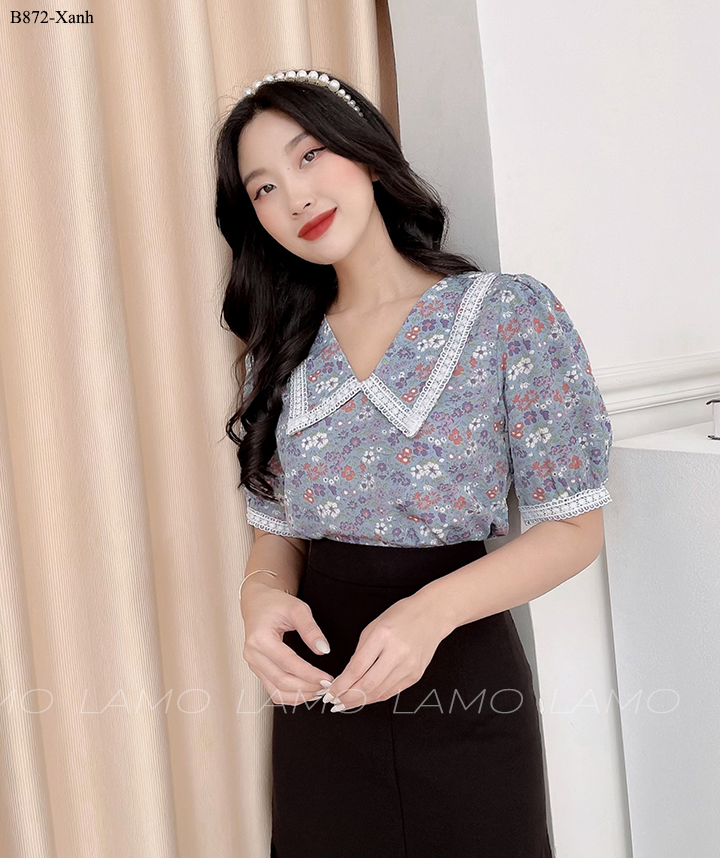 ÁO SƠ MI HOA CỔ V PHỐI REN -B872