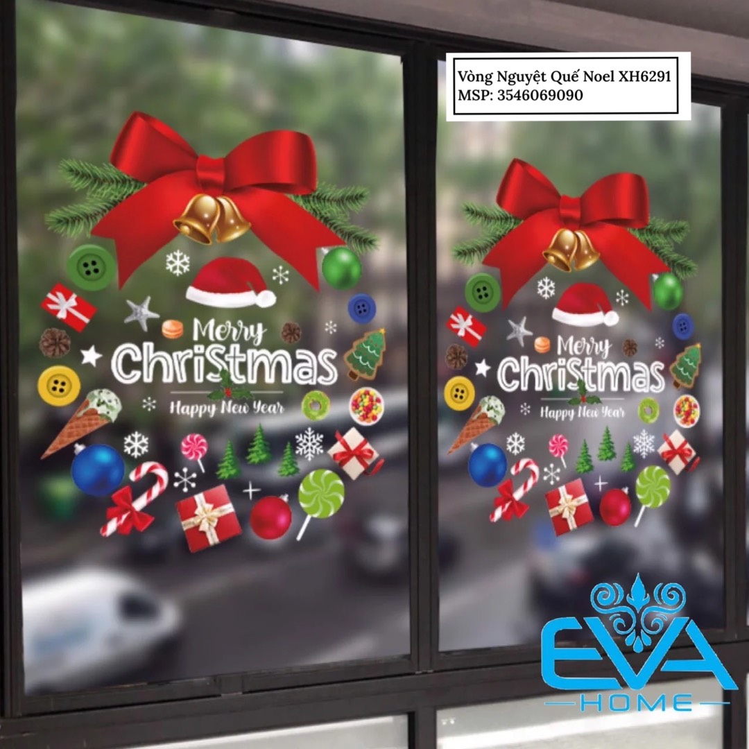 Bộ 2 decal dán tường dán kiếng hoạ tiết vòng hoa ông già noel trang trí giáng sinh xl529 / noel