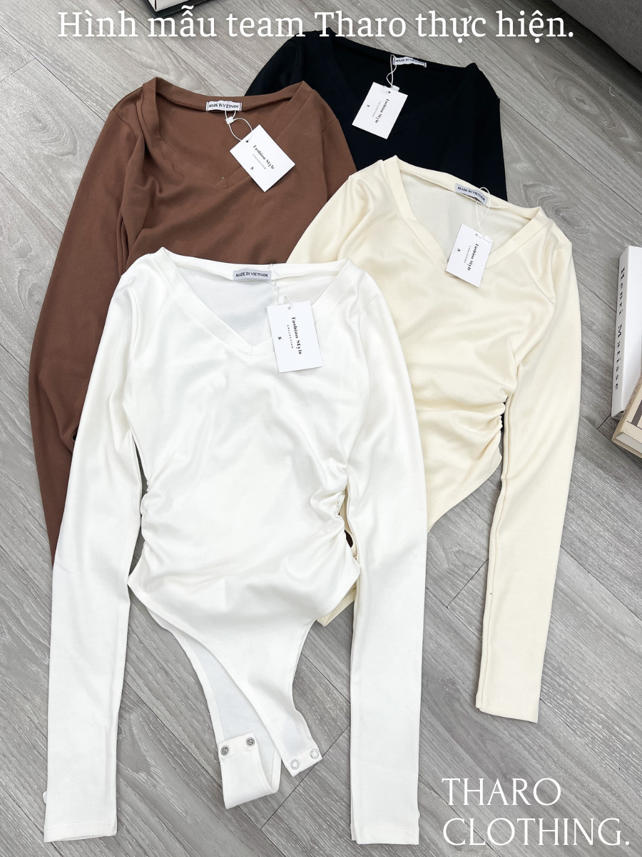 Bodysuit Cổ Tim Tay Dài Nhún Eo - Tharo Clothing [AO00169]