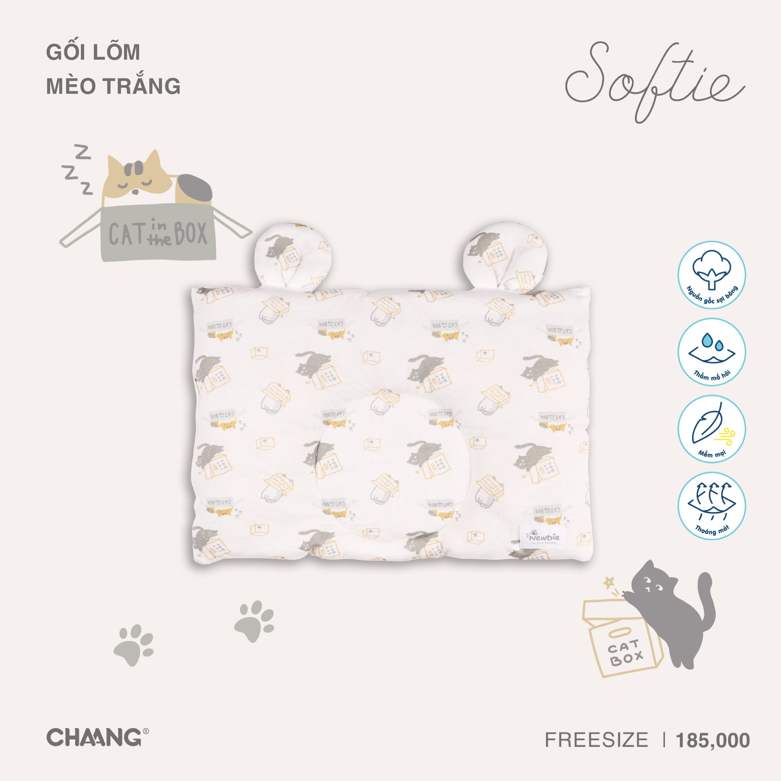 [CHAANG] Gối lõm cho bé sơ sinh Mèo Chaang