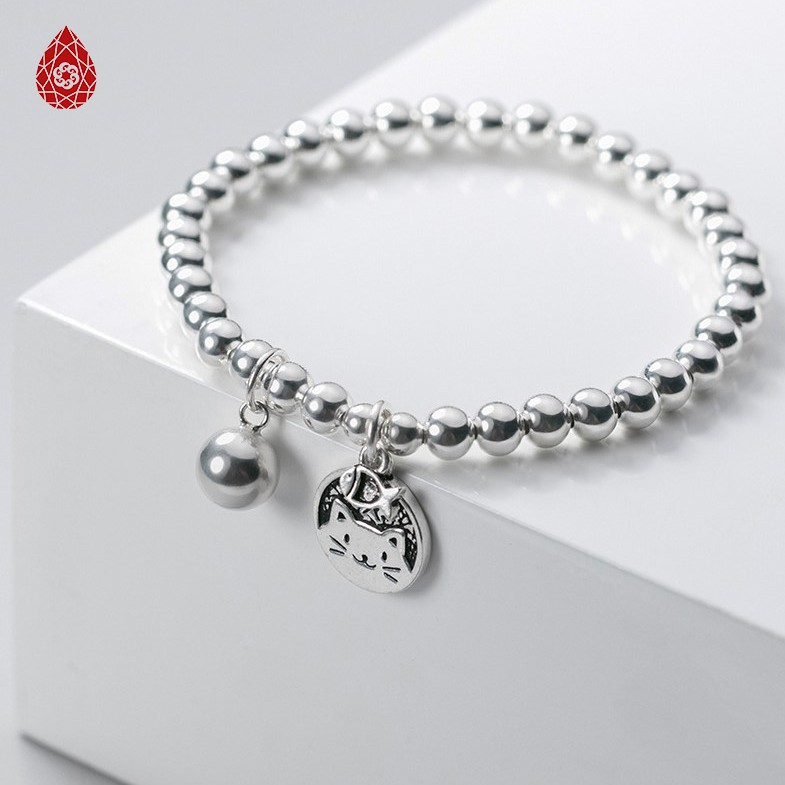 Lắc bi bạc 4mm cao cấp phối charm mèo may mắn - ngọc quý