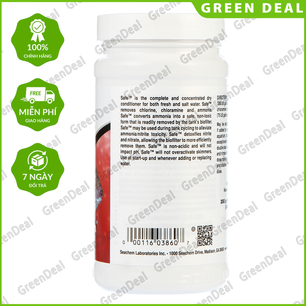 [Tem Sicavi] SEACHEM - Safe (Hộp 250 gram) | Khử Clo, giải độc NH3, NO2, NO3 trong hồ thủy sinh