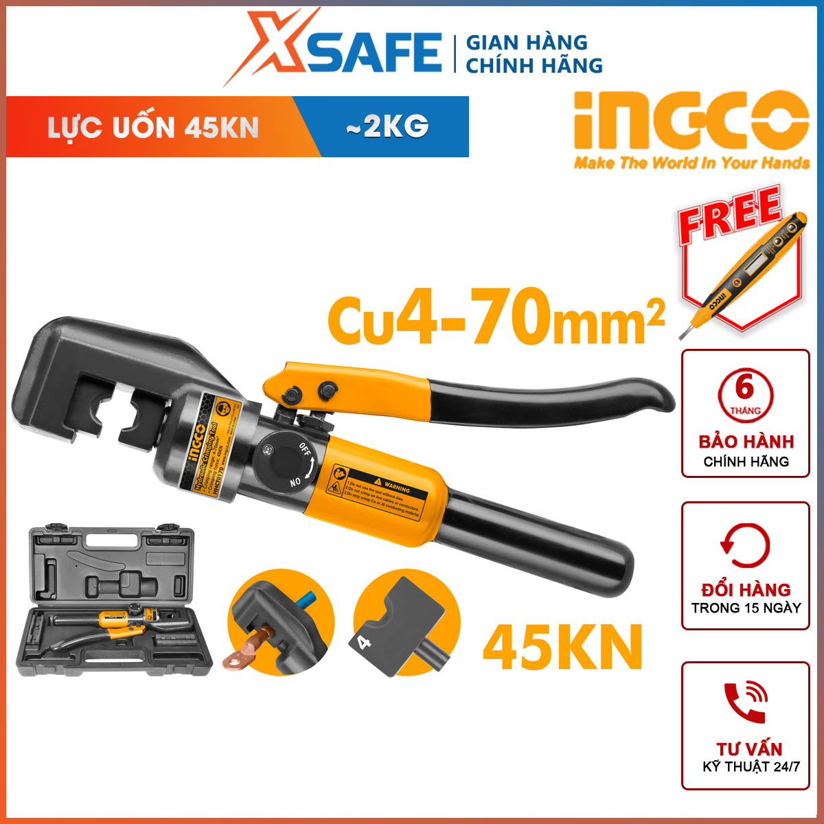 Kìm uốn ống thủy lực INGCO HHCT0170 | kìm ép cốt thủy lực INGCO HHCT0170 đai ốc size 4,6,8,10,16,25,35,50,70mm² bộ vòng chữ O dùng để ép chặt đầu cos với dây điện, dây cáp và giữ cho chúng dính chặt với nhauXSAF
