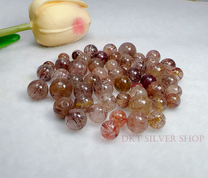 Viên đá thạch anh tóc đỏ thiên nhiên 6 ly 7 ly 8ly 9ly 10ly 12ly dùng làm đồ trang sức - Mix vòng tay-vòng handmade