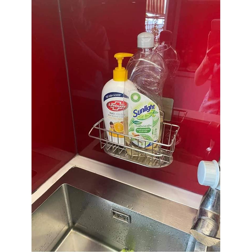 Giá đựng rẻ rửa bát inox dán tường, không cần khoan đục Kệ inox bồn rửa bát có khay hấng nước, kệ để giẻ rửa chén, kệ inox gắn tường