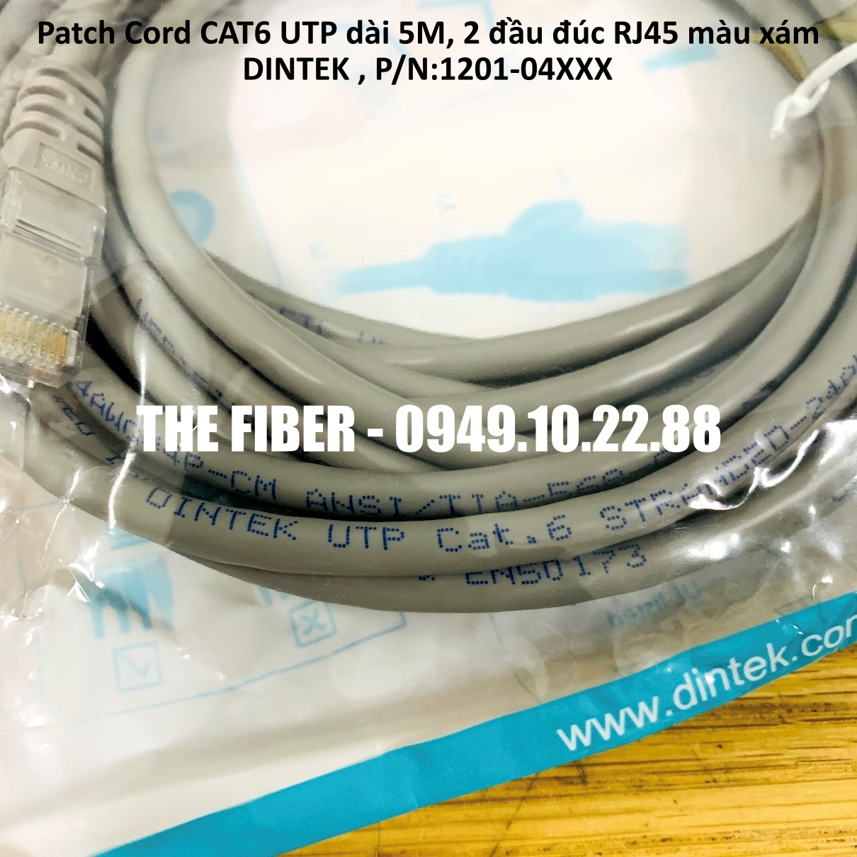 Patch cord cat6 utp dài 5m, 2 đầu đúc rj45 màu xám - dintek , p/n:1201-04xxx