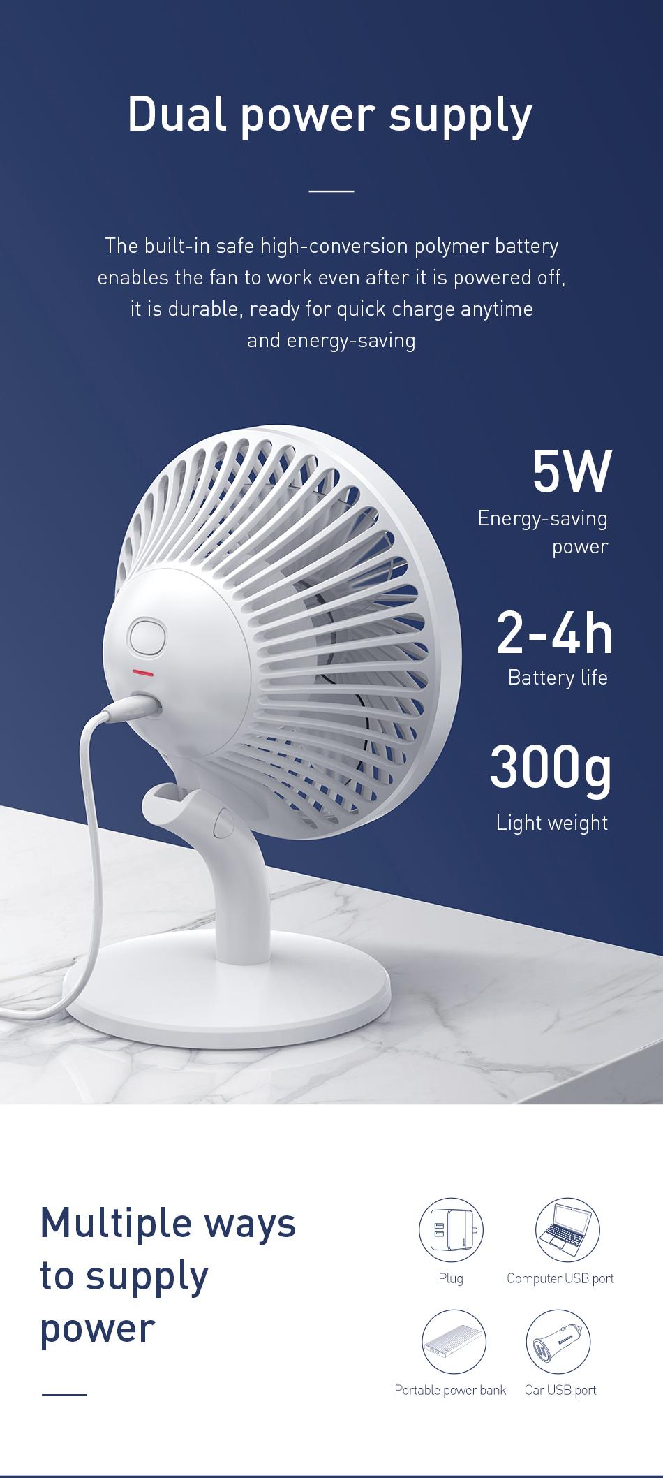 Quạt mini để bàn Baseus Ocean Fan, Pin sạc 2000mAh, 3 mức tốc độ