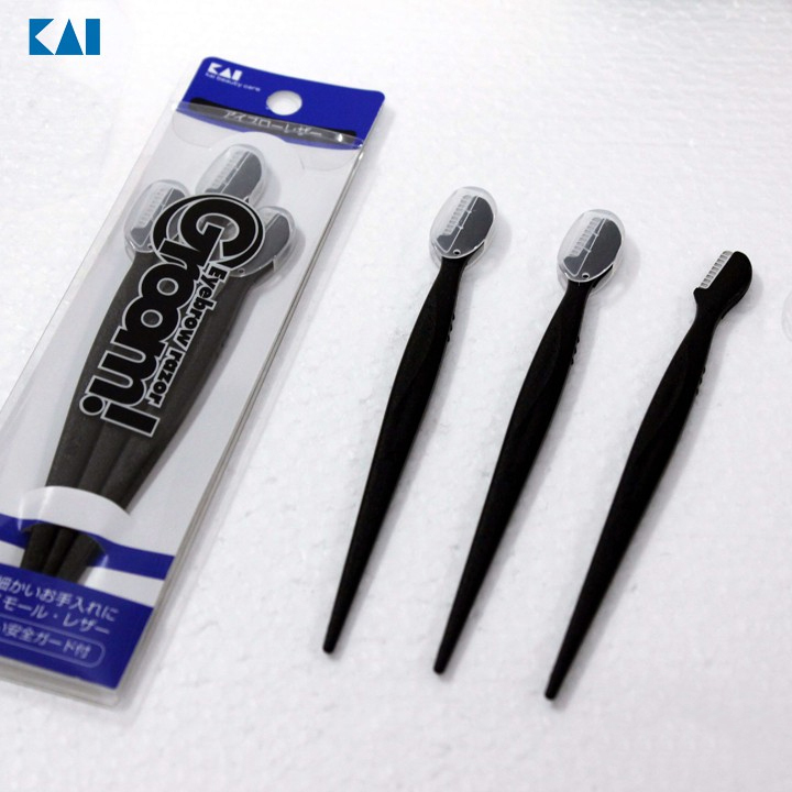 Set 3 Dạo cạo lông mày cán dài KAI (màu đen) của Nhật Bản