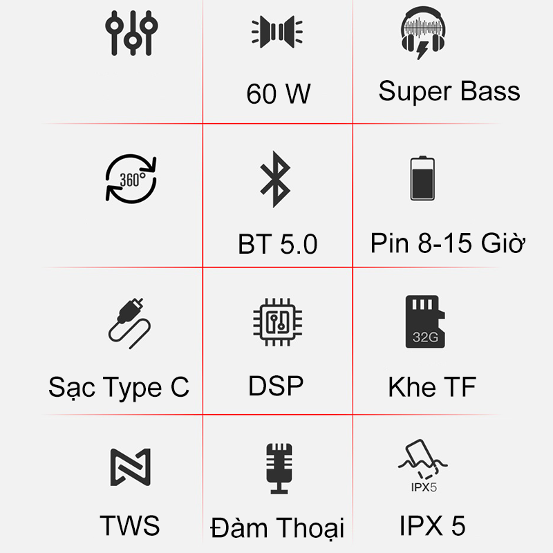 Loa Bluetooth 60W công suất lớn Super Bass chống nước IPX5 pin 6600MAH sạc nhanh Type C công nghệ AI - Hàng Chính Hãng PKCB