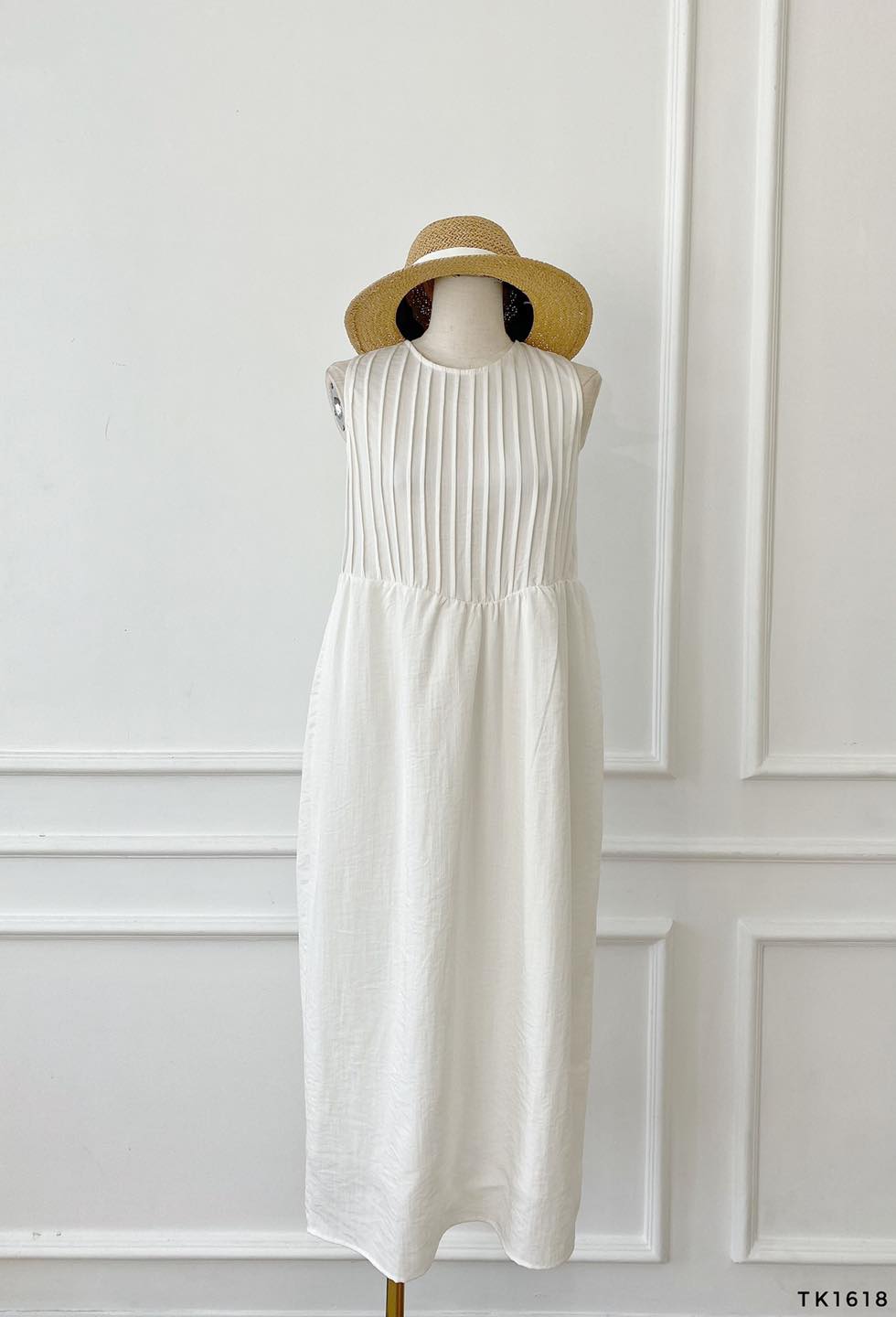 [Ảnh thật] Đầm suông cổ tròn xếp li xinh xắn chất linen lụa mềm đẹp
