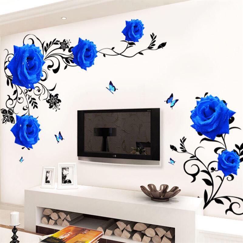 decal dán tường hoa hồng xanh 3D
