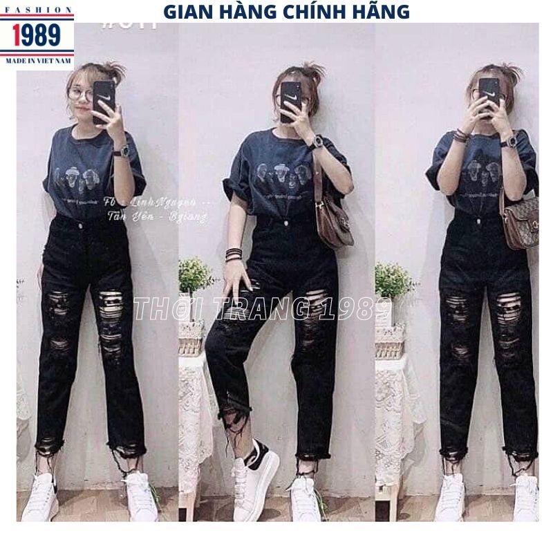 Quần jean nữ lưng cao , bò nữ rách nhiều 2 mầu ,quần bagy bò ống côn , quần jeans khỏe khoắn cá tính mặc tôn dáng trẻ chung năng động -THỜI TRANG 1989