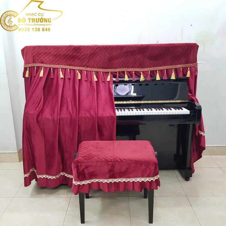 Bộ khăn phủ đàn Piano đỏ phối hạt châu vàng cao cấp