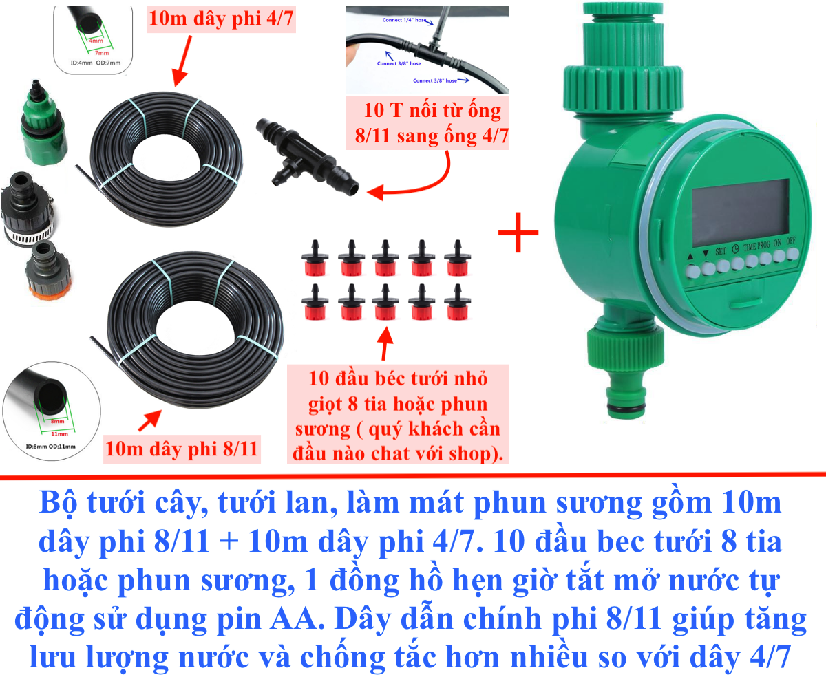 Bộ tưới cây tự động, tưới lan, phun sương làm mát sân vườn gồm 1 đồng hồ 10m dây phi 8/11 + 10m dây phi 4/7 + 10 đầu béc tưới giọt 8 tia hoặc phun…