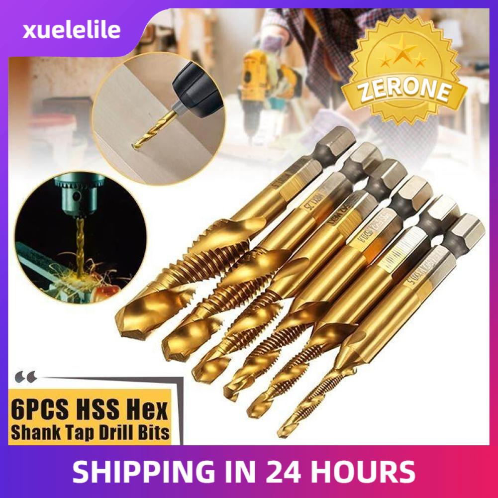 6pcs Metric Thread M3-M10 Titanium Coated HSS Drill and Tap Bits 1/4 Hex Shank