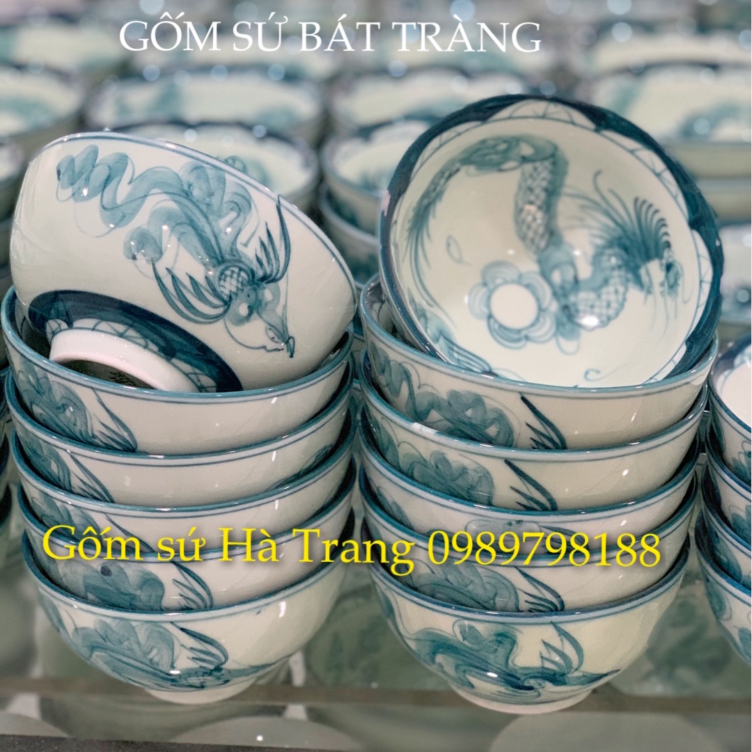 Combo 10 bát cơm gốm sứ Bát Tràng hoạ tiết rồng phượng