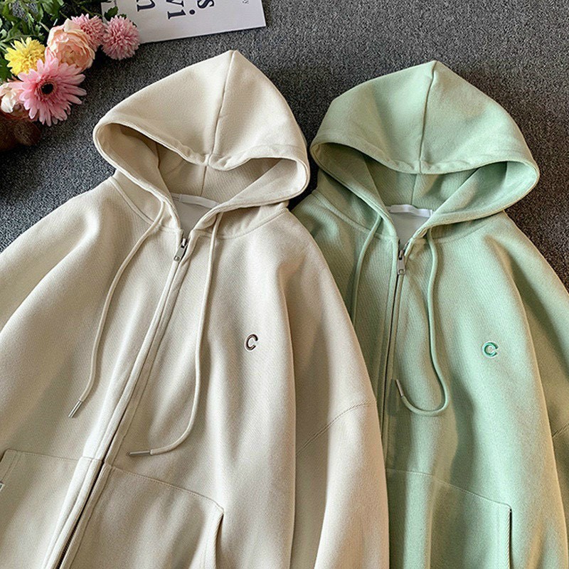 Áo khoác hoodie zip dây kéo chữ C vải nỉ lót bông form rộng unisex nam nữ Ulzzang chất dày dặn giá tốt - TP88