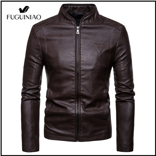 Fuguiniao 2021 mới thời trang mùa thu nam áo khoác da cộng với kích thước 4xl đen nâu mens đứng cổ áo khoác da biker áo khoác m-4xl823