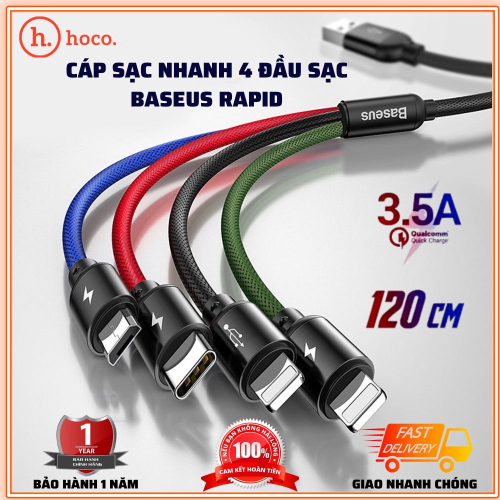 Cáp sạc đa năng 4 đầu chính hãng baseus rapid - dây sạc 4 đầu sạc nhanh 3.5a dây dù chống đứt