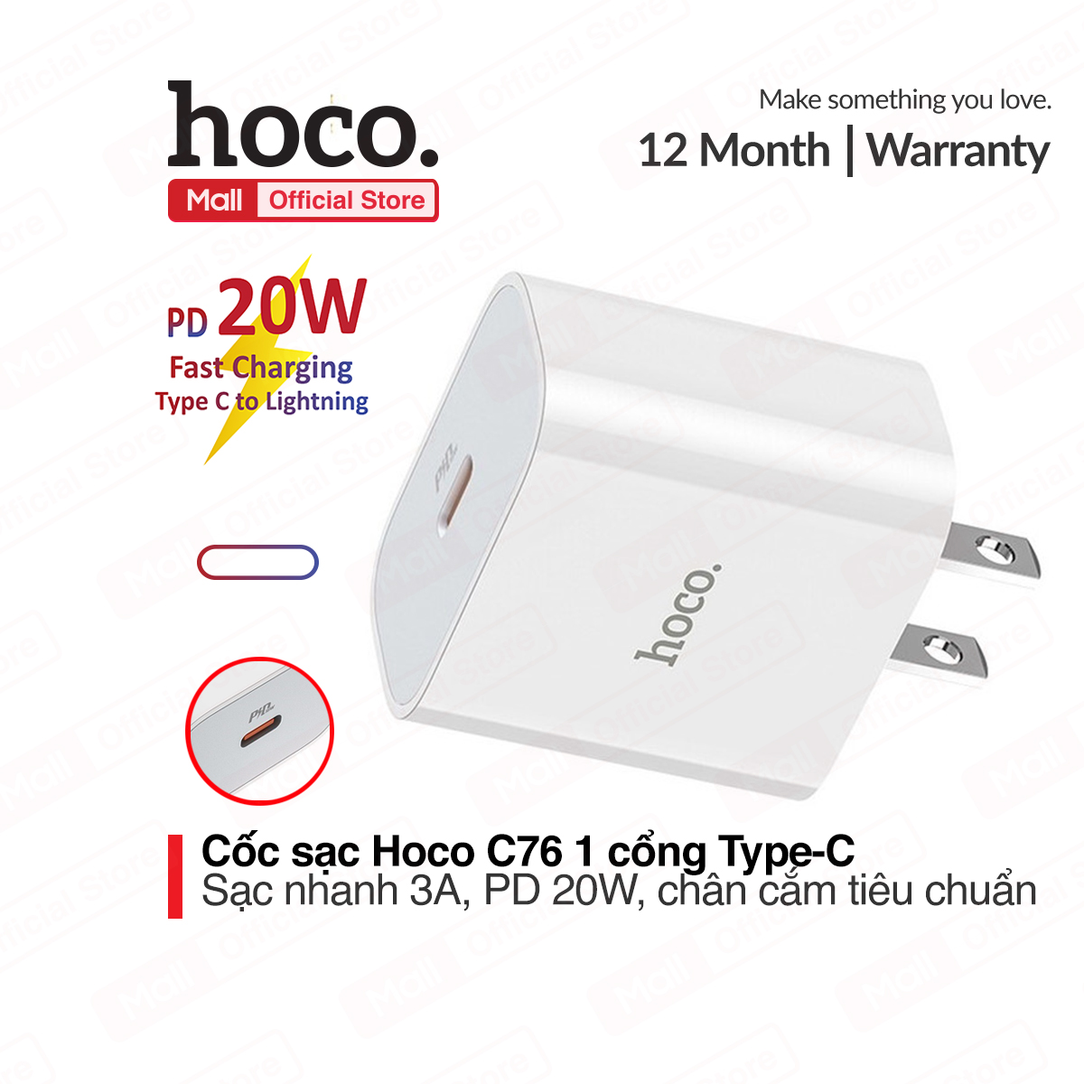 Củ sạc nhanh PD20W Hoco C76 hỗ trợ 3.0A 1 cổng Type-C dành cho iPhone/iPad chân cắm tiêu chuẩn ( CN )