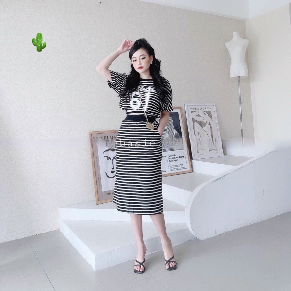 Sét bộ sọc áo thun croptop bo thun bụng in số 61 phối chân váy lửng dài cotton xu thời trang siêu hot TTPK0114
