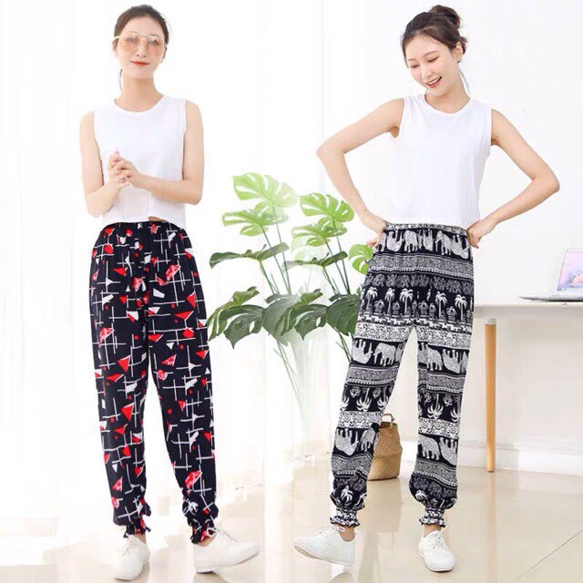 Quần ống rộng dài lạnh họa tiết thổ cẩm < 70kg vừa