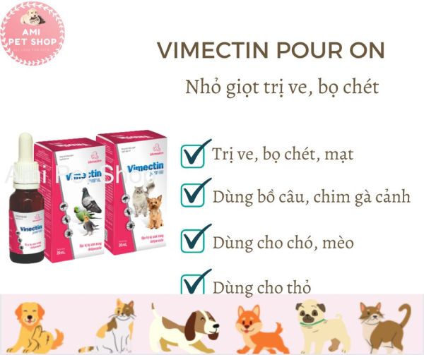 Dung dịch dùng ngoài Vimectin Pour on Vemedim phòng ve, bọ chét cho chó mèo, chim gà cảnh, chai 20ml