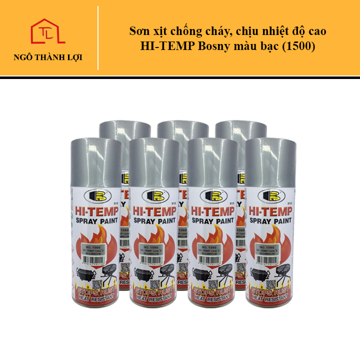 Sơn xịt chống cháy, chịu nhiệt độ cao Bosny màu bạc 1500, đen mờ 1200