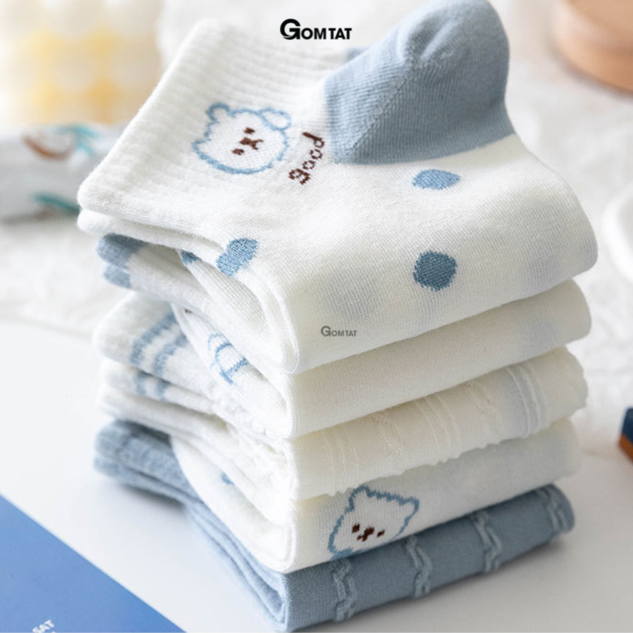 Set 5 đôi vớ cổ thấp nữ GOMTAT hoạ tiết dễ thương, chất liệu cotton dày dặn êm ái, ôm chân không bó chặt - CB089