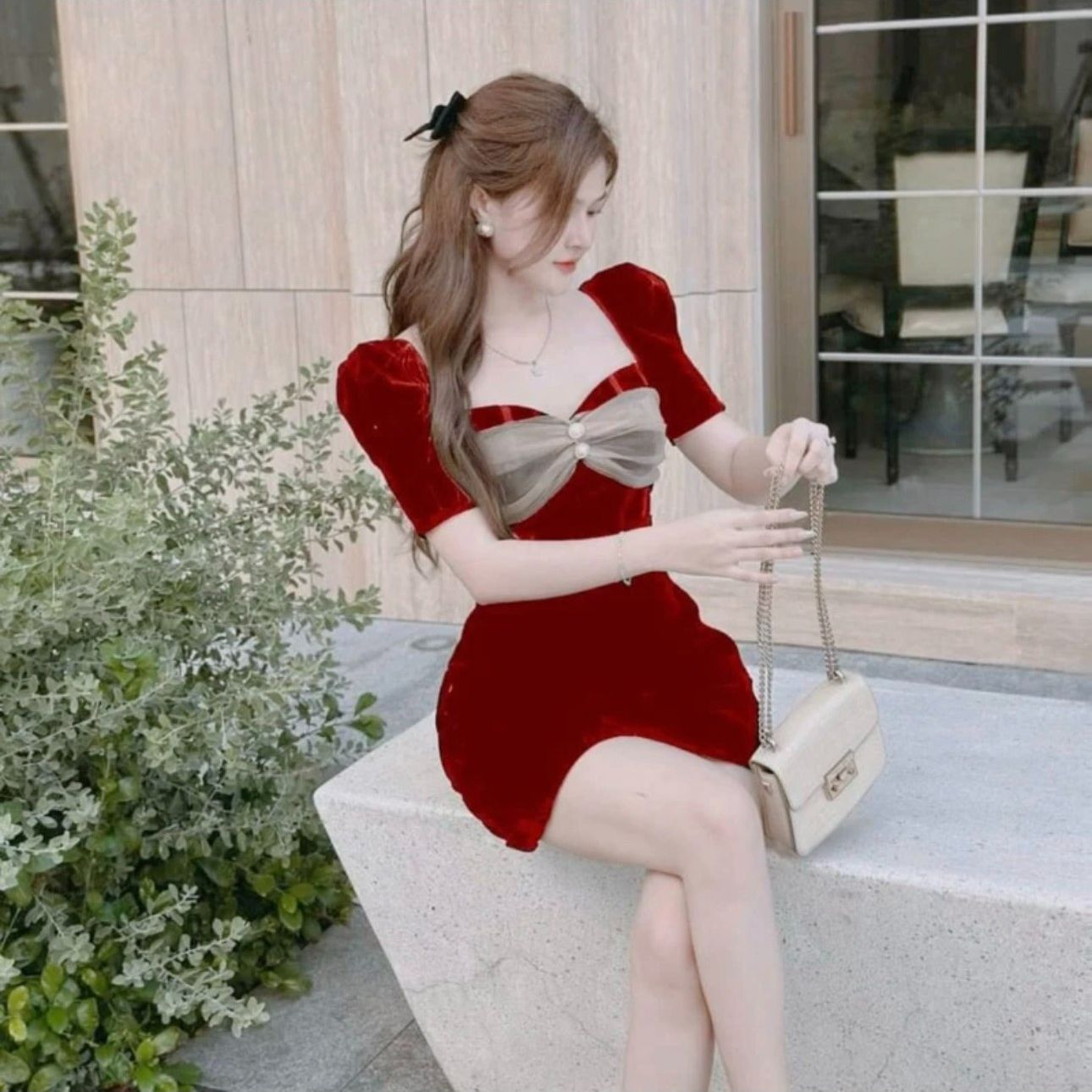 Đầm nhung tay phồng cup ngực phối lưới, váy chữ A đi tiệc cưới sang chảnh