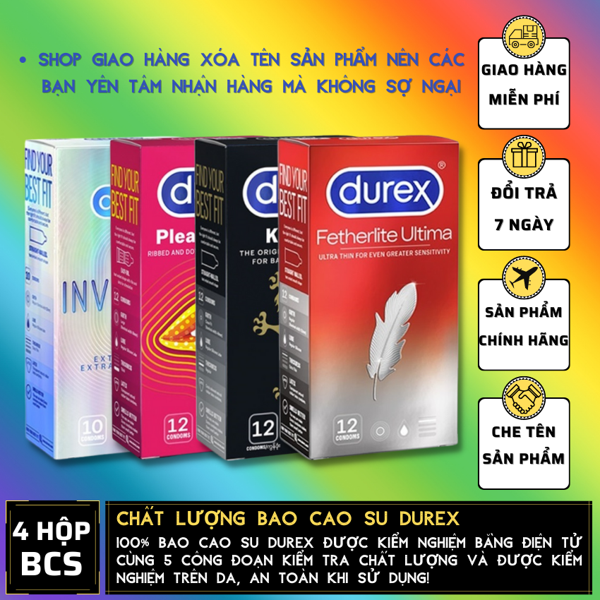 FREESHIP 04 Hộp Durex Invisible Extra Thin siêu mỏng + Pleasuremax gân gai + Kingtex size cỡ nhỏ + Fetherlite [Che tên sản phẩm]