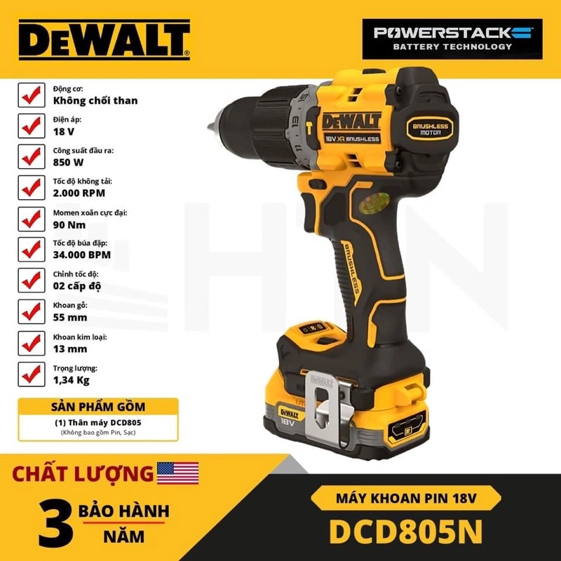 Máy khoan động lực dùng pin 20v dewalt dcd805n-b1