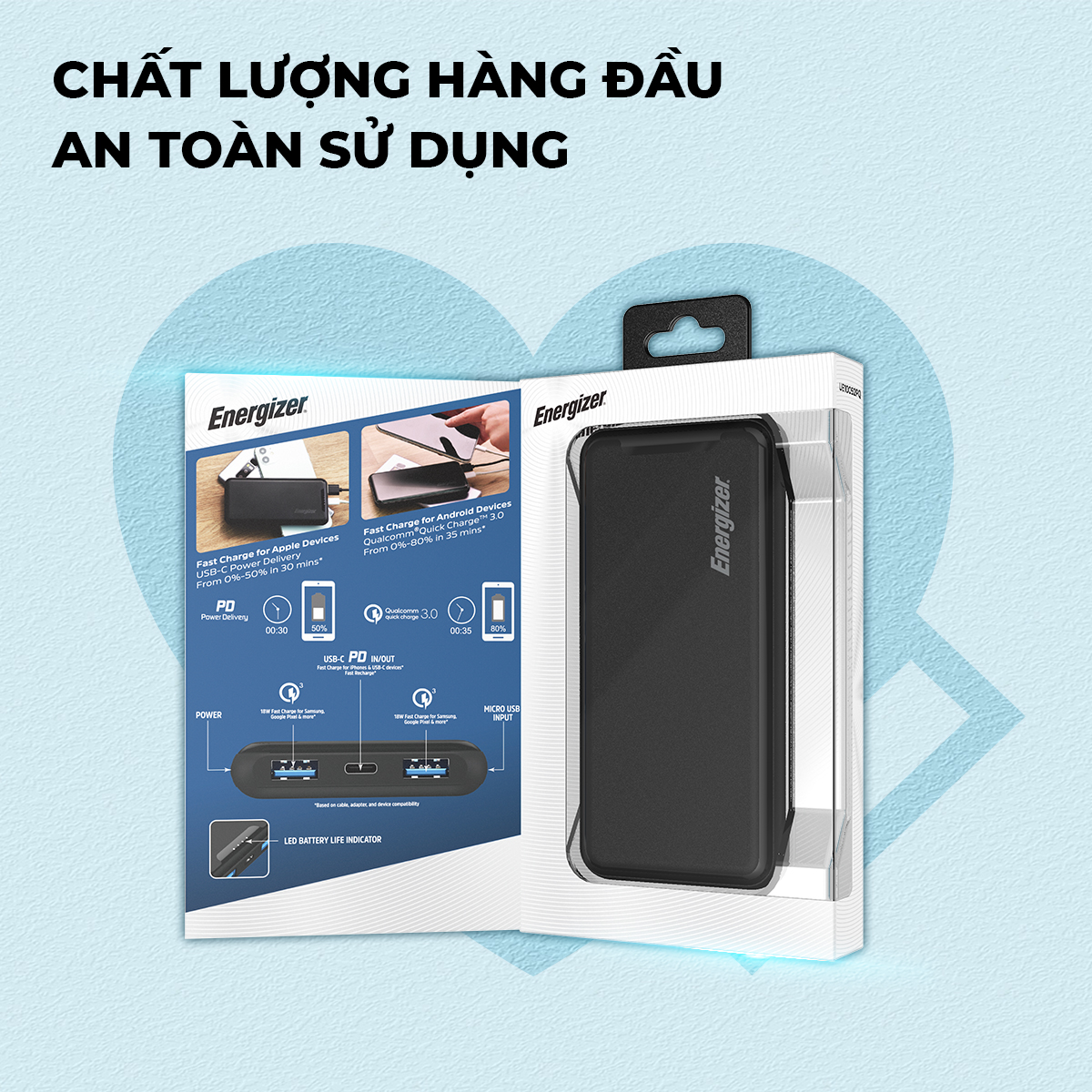 Sạc dự phòng Energizer 10000mAh UE10052PQ - 3 cổng sạc tiện lợi, tích hợp sạc nhanh 2 chiều - Hàng chính hãng, bảo hành 2 năm 1 đổi 1