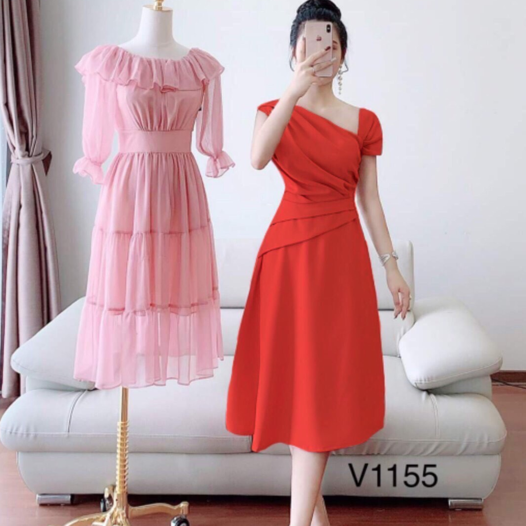Đầm xòe dự tiệc xếp ly chéo vai